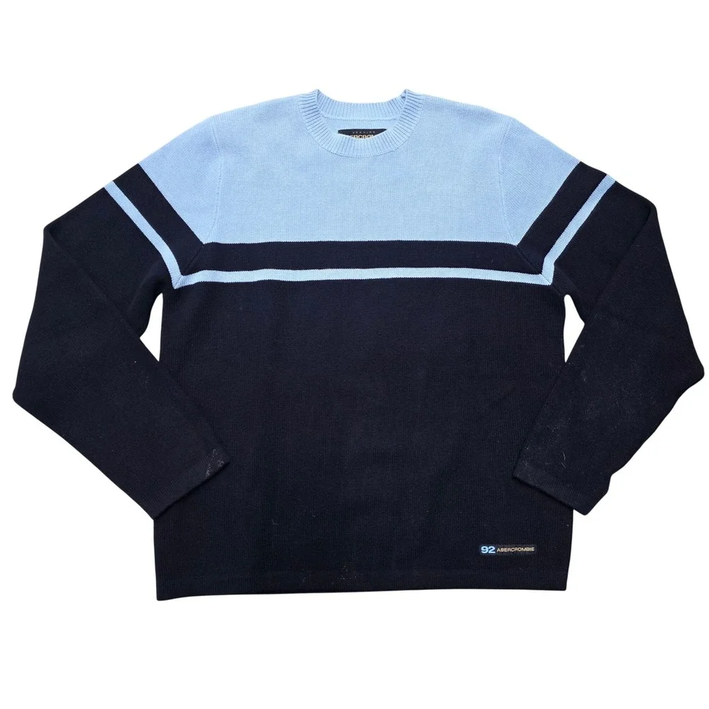 Vtg 90s Abercrombie Fitch Mens Sweater Large Blue Black Striped Crew Long Sleeve